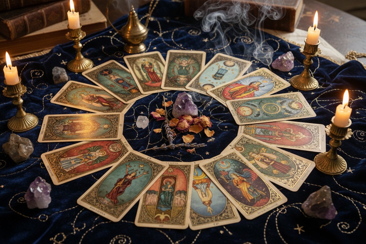 A circle of tarot cards is laid out on a dark blue velvet cloth, surrounded by lit candles and crystals.
